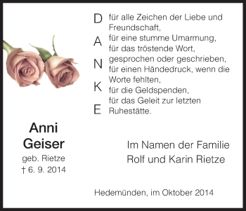Traueranzeige von Anni Geiser von HNA