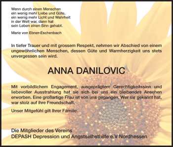Traueranzeige von Anna Danilovic von HNA