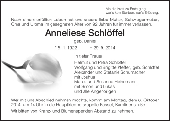 Traueranzeige von Anneliese Schlöffel von HNA