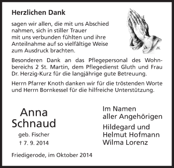 Traueranzeige von Anna Schnaud von HNA