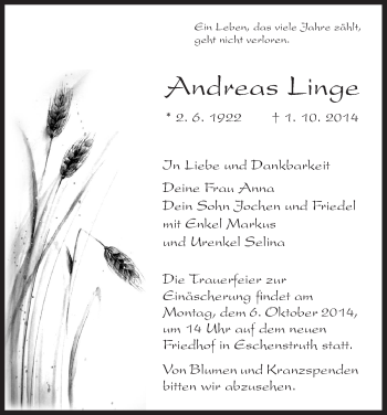 Traueranzeige von Andreas Linge von HNA