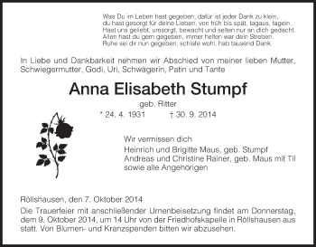 Traueranzeige von Anna Elisabeth Stumpf von HNA
