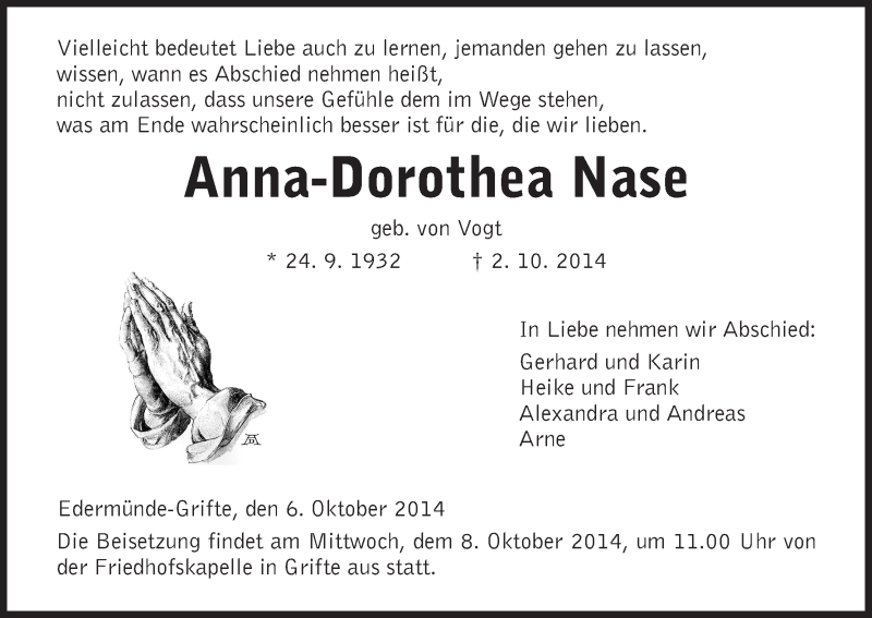  Traueranzeige für Anna-Dorothea Nase vom 06.10.2014 aus HNA