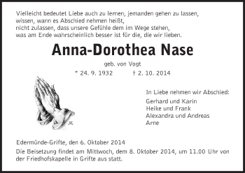 Traueranzeige von Anna-Dorothea Nase von HNA