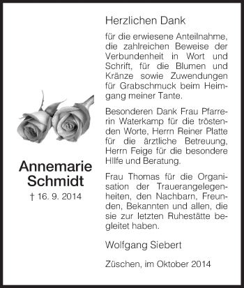Traueranzeige von Annemarie Schmidt von HNA