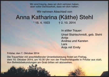 Traueranzeige von Anna Katharina Stehl von HNA