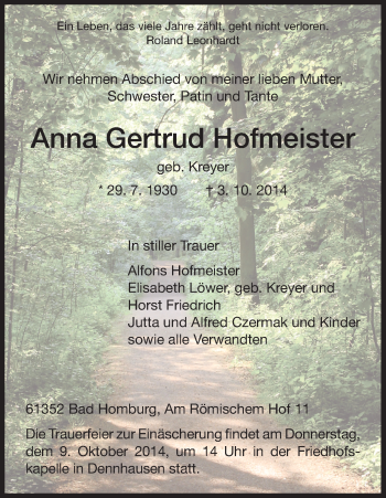 Traueranzeige von Anna Gertrud Hofmeister von HNA