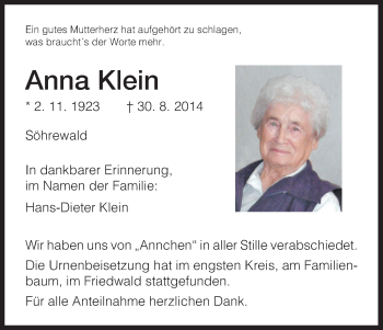 Traueranzeige von Anna Klein von HNA