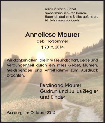 Traueranzeige von Anneliese Maurer von HNA