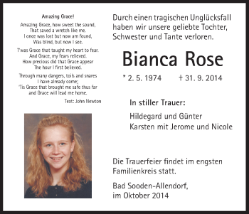 Traueranzeige von Bianca Rose von HNA