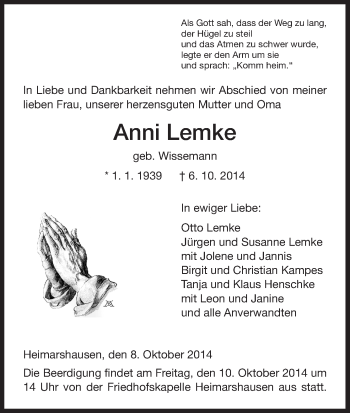 Traueranzeige von Anni Lemke von HNA