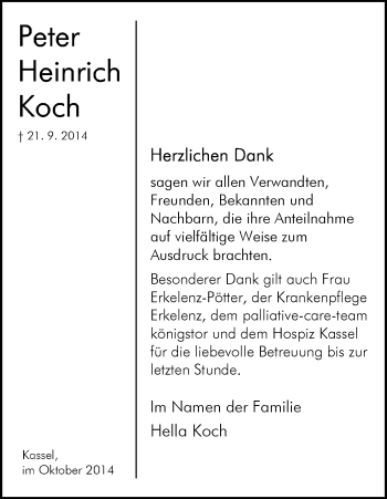 Traueranzeige von Peter Heinrich Koch von HNA