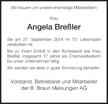 Traueranzeige von Angela Breßler von HNA