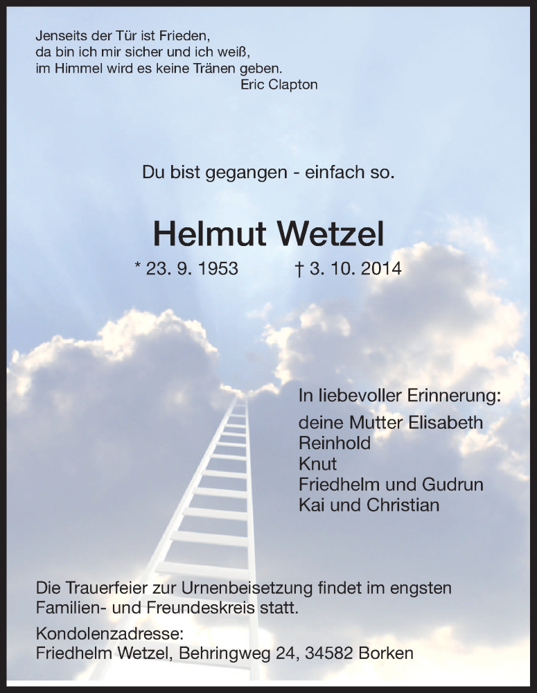  Traueranzeige für Helmut Wetzel vom 11.10.2014 aus HNA