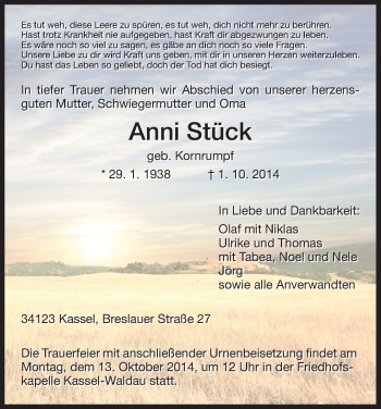 Traueranzeige von Anni Stück von HNA