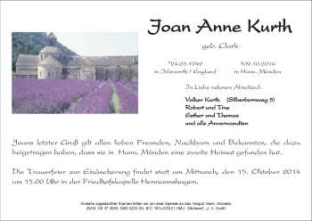 Traueranzeige von Joan Anne Kurth von HNA