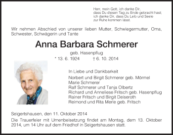 Traueranzeige von Anna Barbara Schmerer von HNA