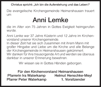 Traueranzeige von Anni Lemke von HNA