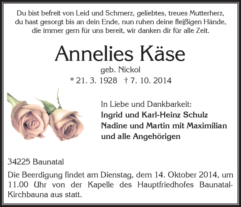  Traueranzeige für Annelies Käse vom 11.10.2014 aus HNA