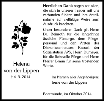 Traueranzeige von Helena von der Lippen von HNA