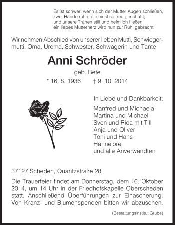 Traueranzeige von Anni Schröder von HNA