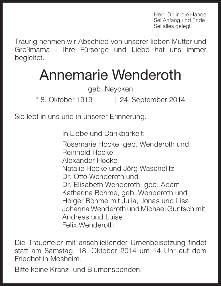  Traueranzeige für Annemarie Wenderoth vom 15.10.2014 aus HNA
