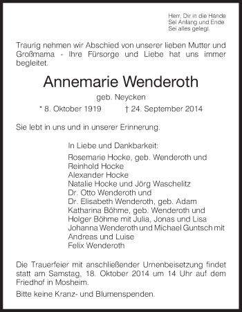 Traueranzeige von Annemarie Wenderoth von HNA