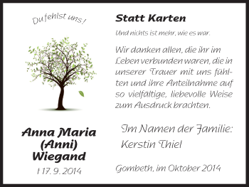 Traueranzeige von Anna Maria Wiegand von HNA