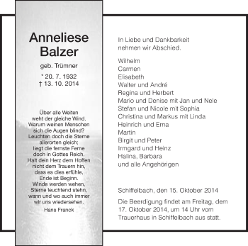 Traueranzeige von Anneliese Balzer von HNA