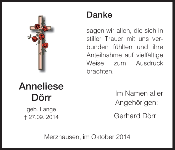 Traueranzeige von Anneliese Dörr von HNA