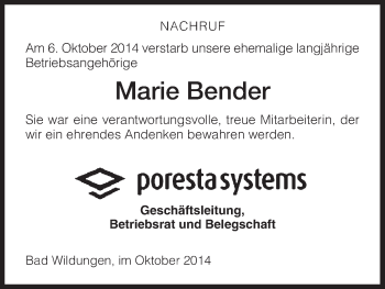 Traueranzeige von Marie Bender von HNA