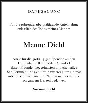 Traueranzeige von Menne Diehl von HNA