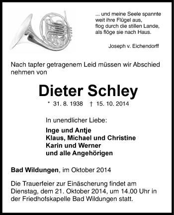 Traueranzeige von Dieter Schley von HNA