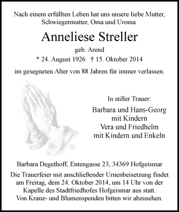 Traueranzeige von Anneliese Streller von HNA