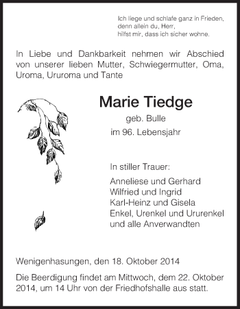 Traueranzeige von Marie Tiedge von HNA