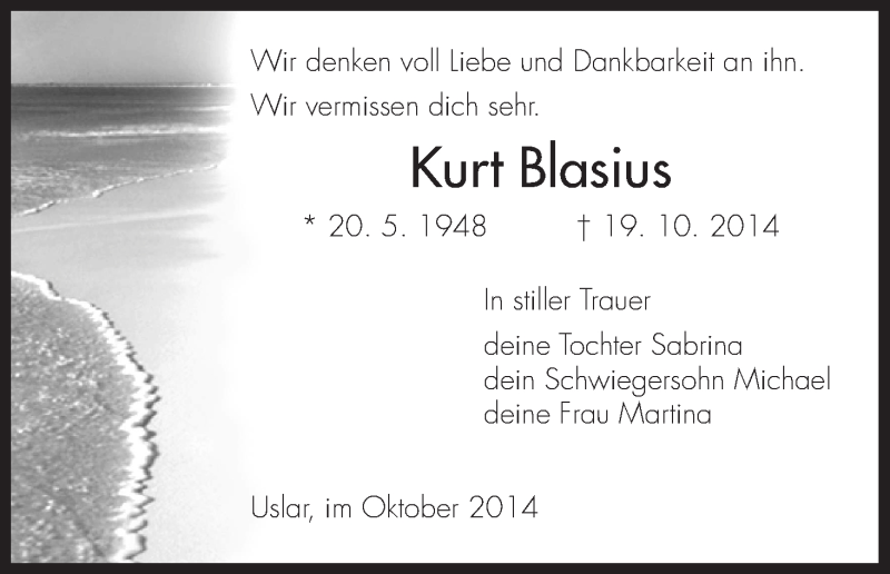  Traueranzeige für Kurt Blasius vom 21.10.2014 aus HNA