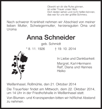Traueranzeige von Anna Schneider von HNA