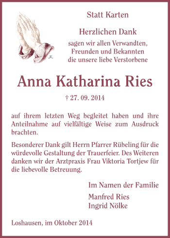 Traueranzeige von Anna Katharina Ries von HNA