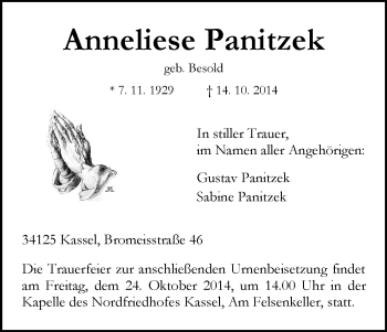 Traueranzeige von Anneliese Panitzek von HNA