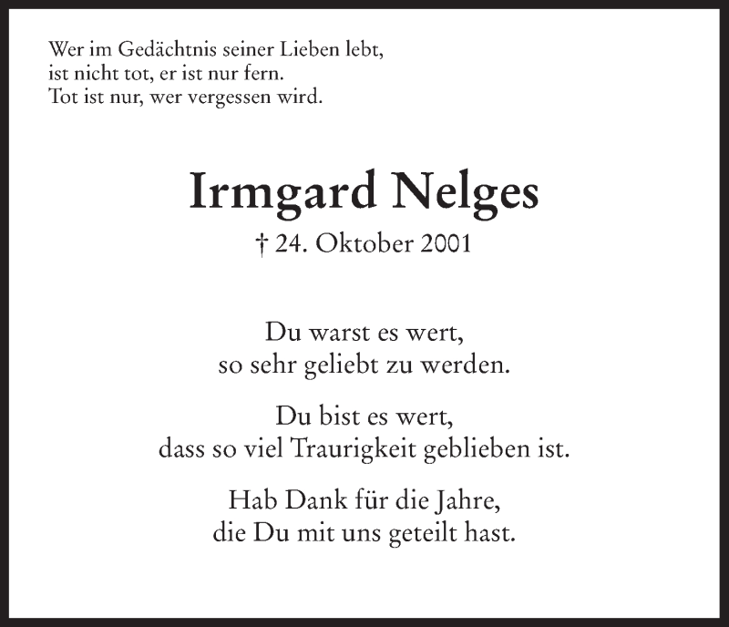  Traueranzeige für Irmgard Nelges vom 24.10.2014 aus HNA