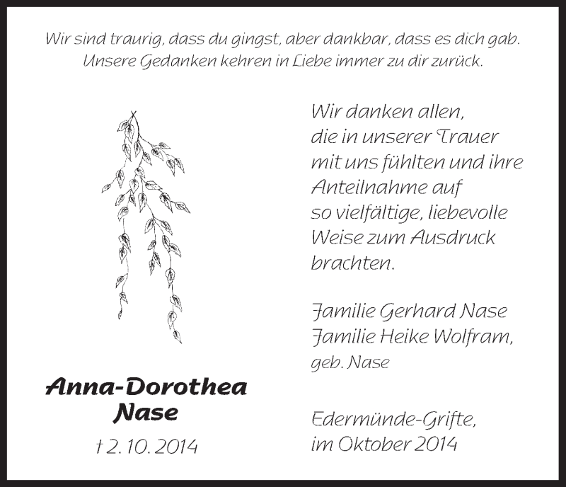  Traueranzeige für Anna-Dorothea Nase vom 25.10.2014 aus HNA