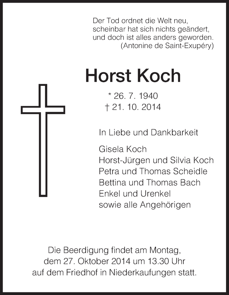  Traueranzeige für Horst Koch vom 24.10.2014 aus HNA
