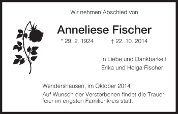 Traueranzeige von Anneliese Fischer von HNA