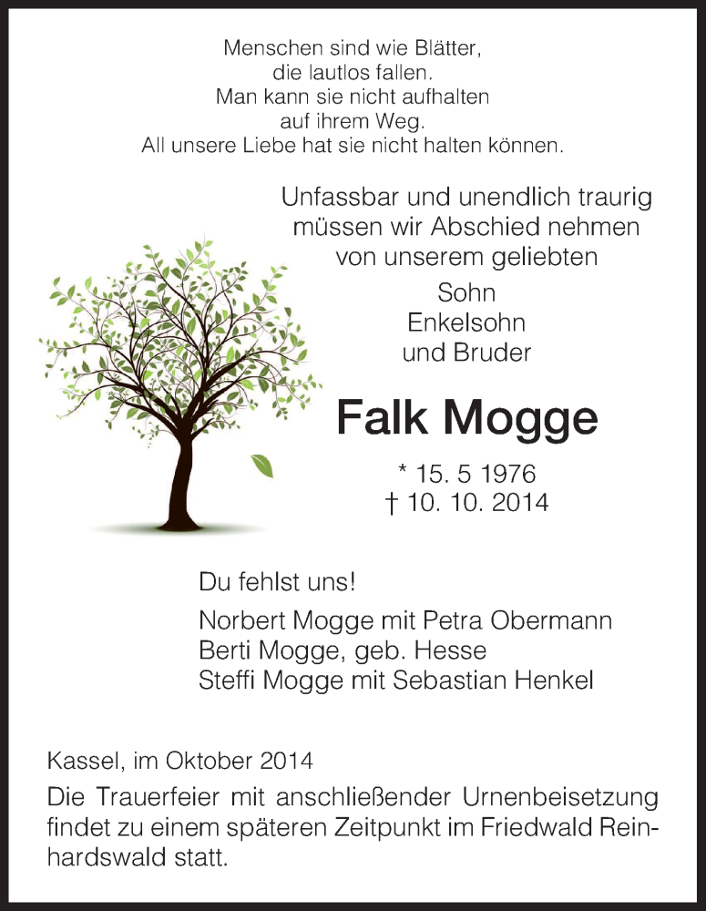  Traueranzeige für Falk Mogge vom 25.10.2014 aus HNA