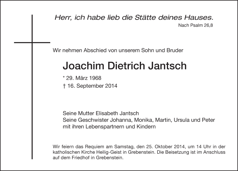  Traueranzeige für Joachim Dietrich Jantsch vom 24.10.2014 aus HNA