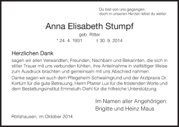 Traueranzeige von Anna Elisabeth Stumpf von HNA