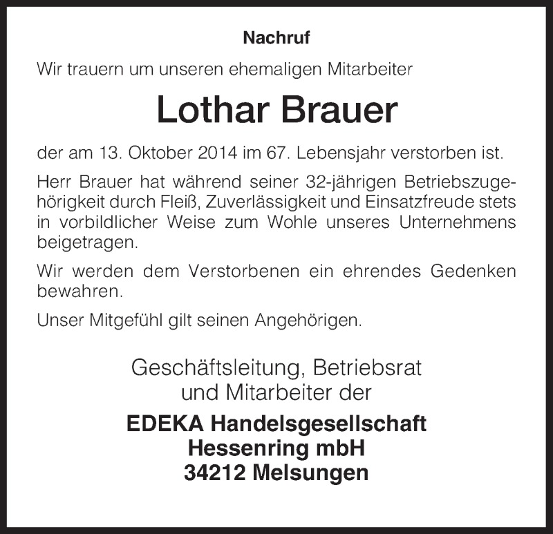  Traueranzeige für Lothar Brauer vom 24.10.2014 aus HNA