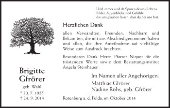 Traueranzeige von Brigitte Gfrörer von HNA