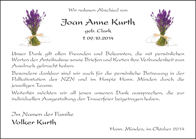  Traueranzeige für Joan Anne Kurth vom 25.10.2014 aus HNA