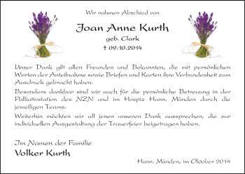 Traueranzeige von Joan Anne Kurth von HNA